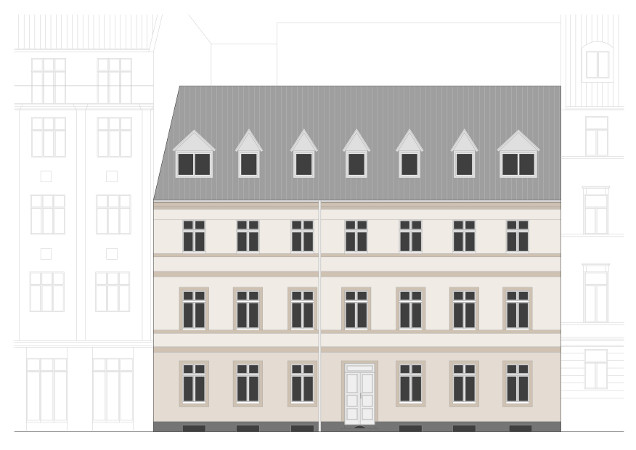 Straßenansicht zu: Mietshaus in der Spandauer Vorstadt, Umbau eines Geschäftshauses zu einem Wohnhaus mit zwölf Wohnungen 
 Sollich Architekten