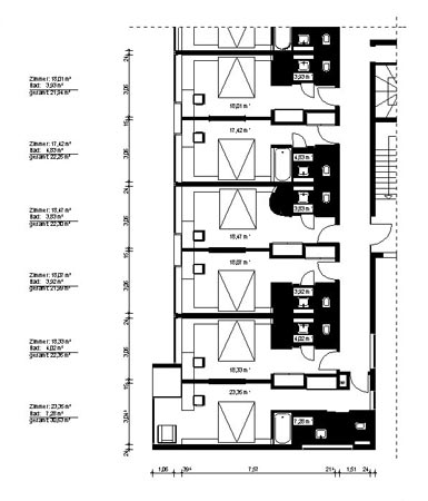 Plan 4 zu: SMS. Umbau eines Wohnhochhauses zu einem Hotel - Studie zur Umnutzung eines Hochhauses aus den 1960er-Jahren mit einem Bürohochhaus aus den 1990er-Jahren zu einem Hotel mit 240 Zimmern und Boarding-Appartements einschließich Aufstockung und Kernsanierung, Berlin-Kreuzberg, 2002-2003, Architekt: Jo Sollich